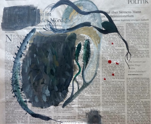 We don´t know yet, watercolours and ink on newspaper, 40x35cm, Laura Barbuto, 2015.